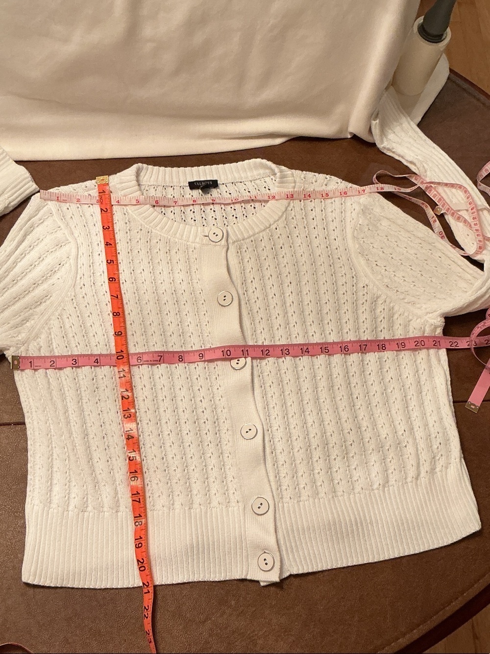 Talbots Petites Sz XL P Button-Front Open Knit Cotton Cardigan White Round Neck - Picture 6 of 9